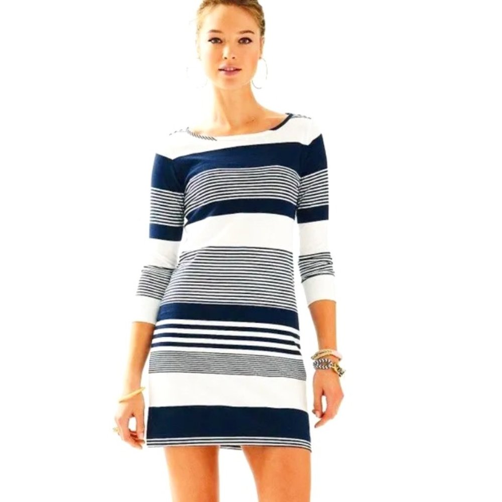Lily Pulitzer Marlowe Boatneck T-Shirt Dress Navy Coconut Stripe - Size Small